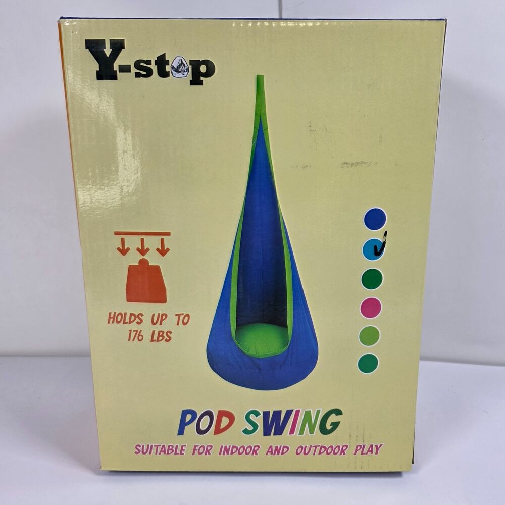 Y-Stop Pod Swing Seat Hanging Hammock Chair for Indoor & Outdoor Use Blue/Green